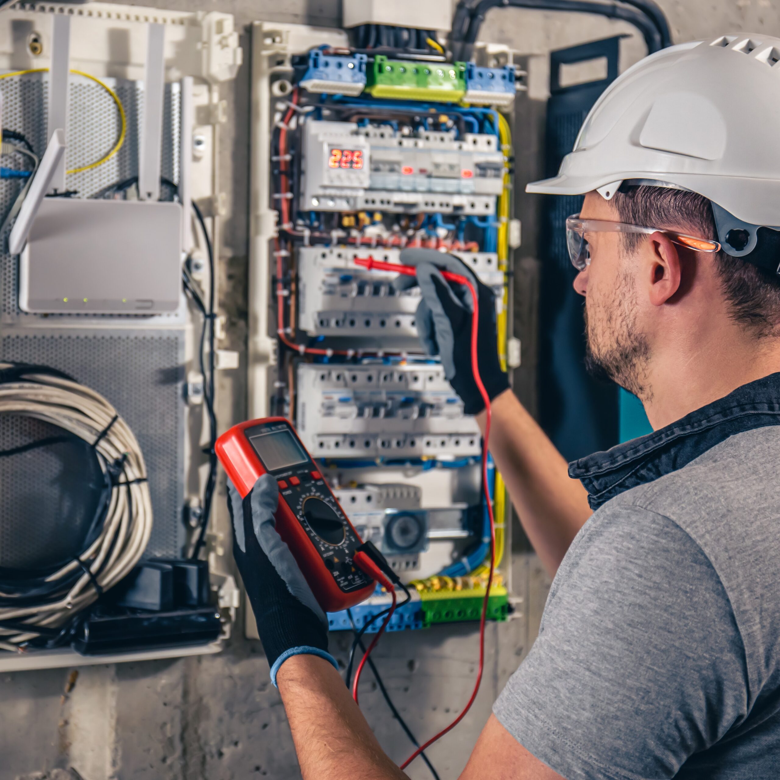 Técnico electricista trabajando en un cuadro eléctrico con fusibles. Instalación y conexión de equipos eléctricos. El profesional usa una tableta.